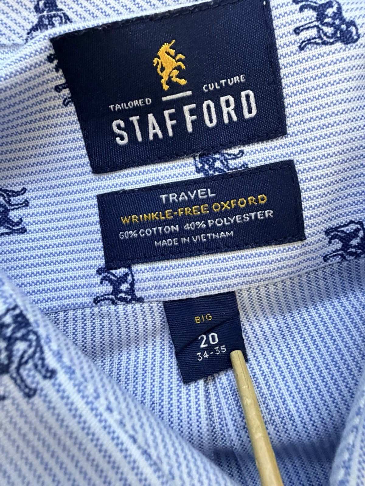 Stafford Button Down Shirt Men’s 20, 34-35 White with Navy All Over Dog Print