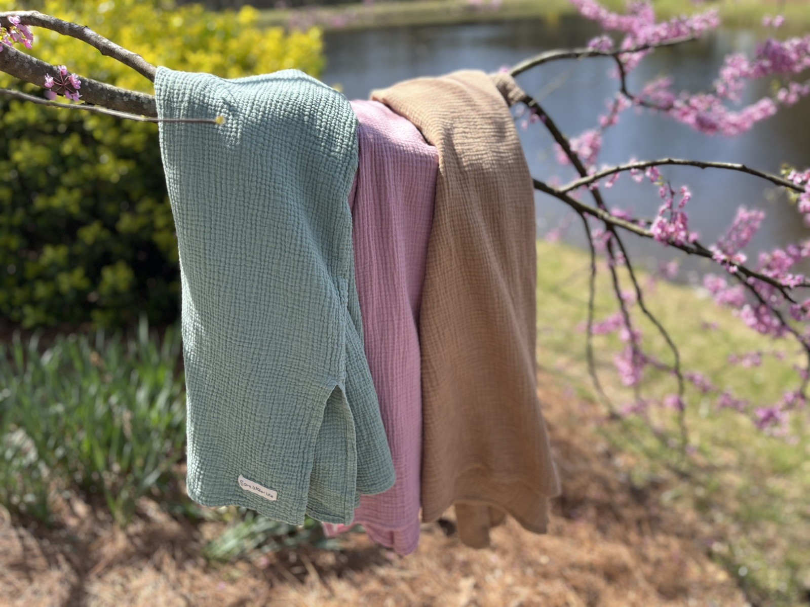 Pool Beach Coverup Hoodie Poncho Set Lot of Three Cotton Muslin Tan Sage Mauve