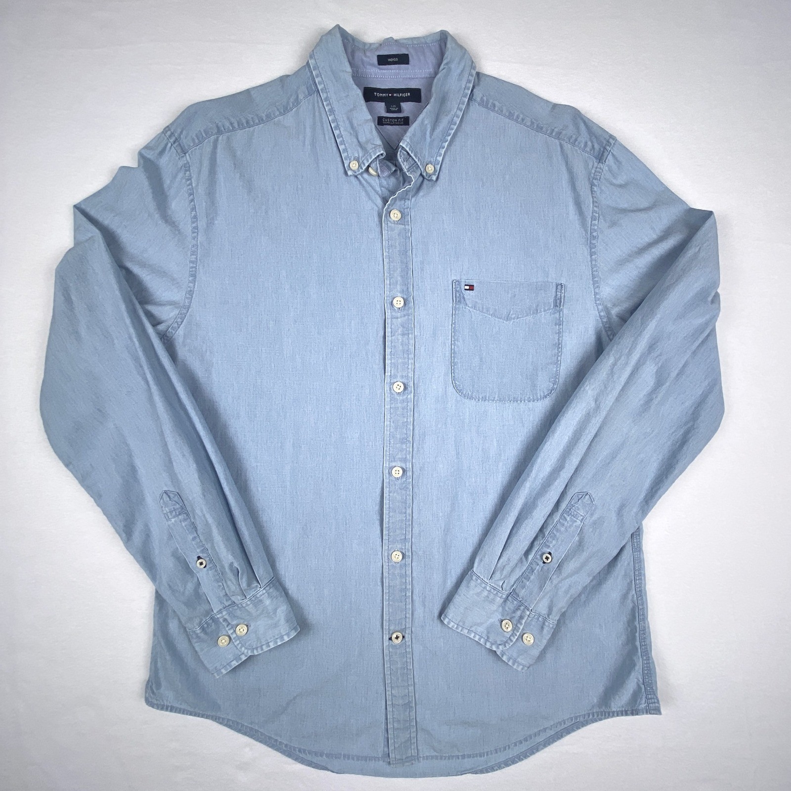 Tommy Hilfiger Mens Custom Fit Indigo Cotton Button Down Shirt Light Blue Large