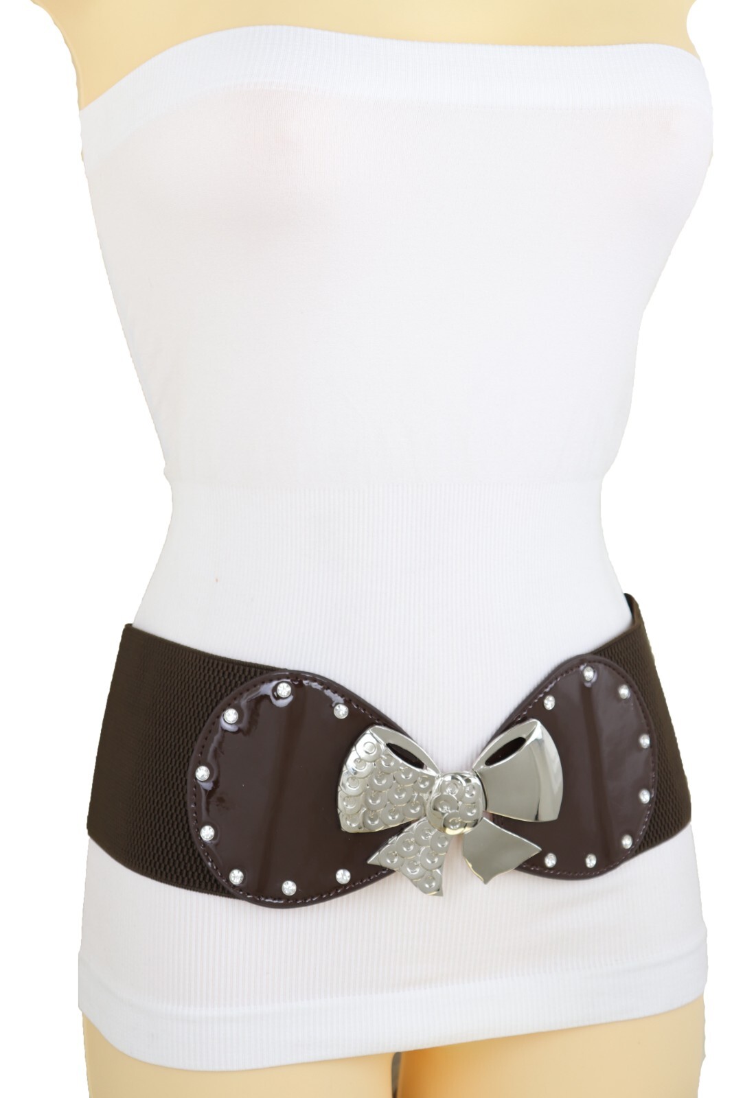Women Dark Brown Wide Accessory Belt Silver Metal Bow Tie Ribbon Buckle Size S M