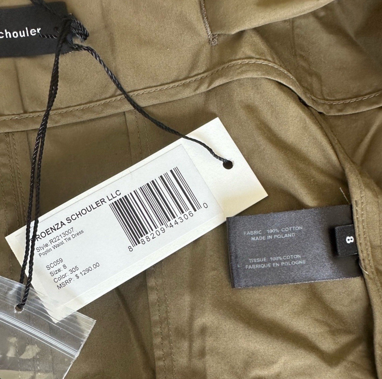 NWT Proenza Schouler Poplin Tie Waist Midi Dress Olive Green Size 8 R2213007