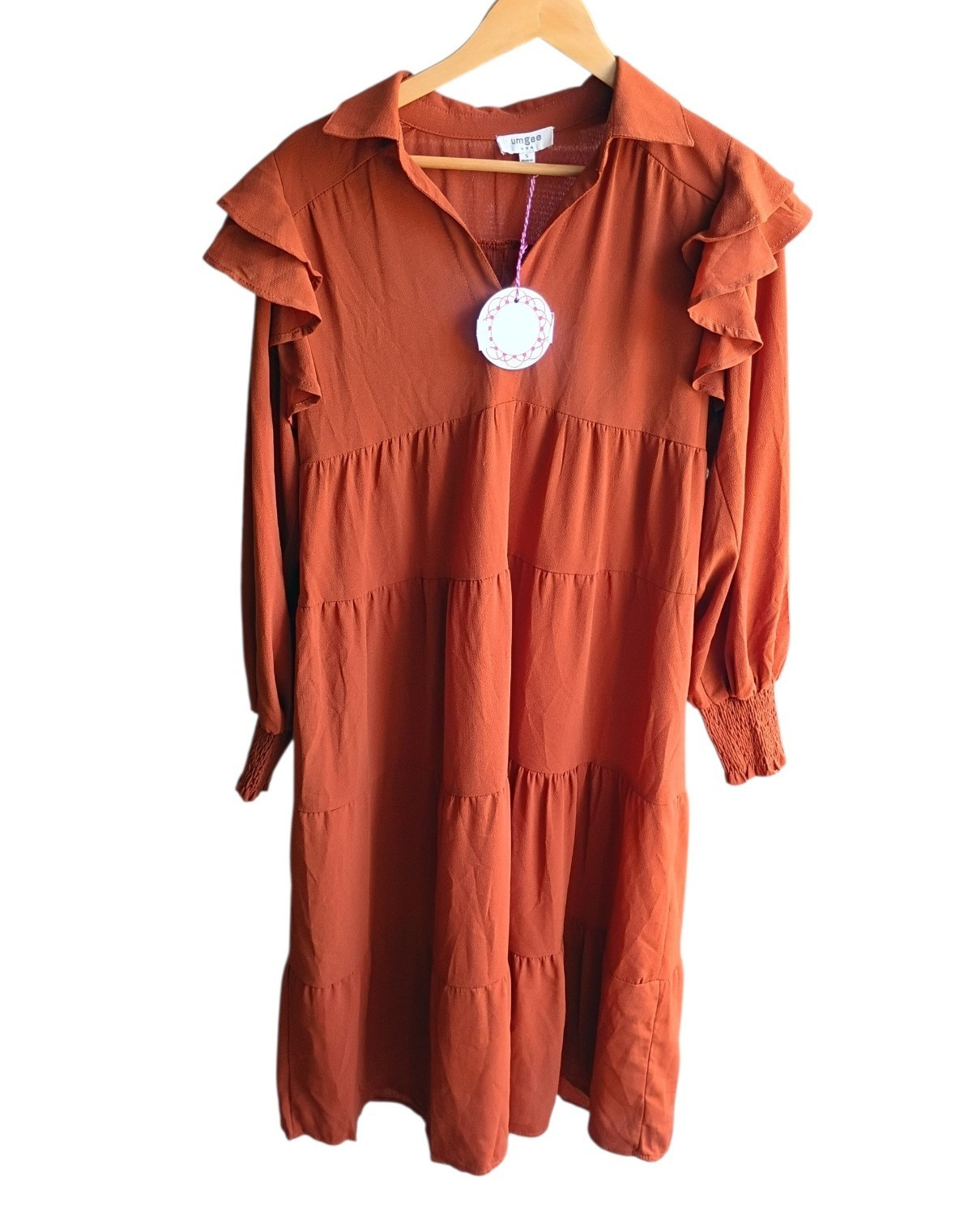 Umgee Orange Smocked Ruffle Collared Midi A-Line Dress Long Sleeve S