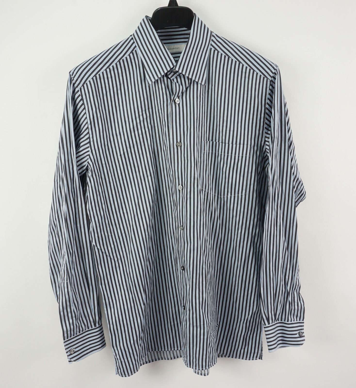 Ermenegildo Zegna Mens Large Long Sleeve Blue Black Stripe Twill Button Up Shirt