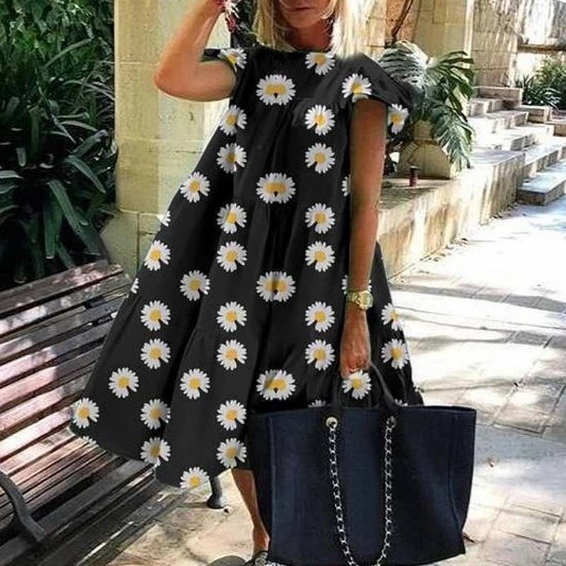Womens Sundress Holiday Floral Summer Beach Midi Dress Ruffle Dress Oversized