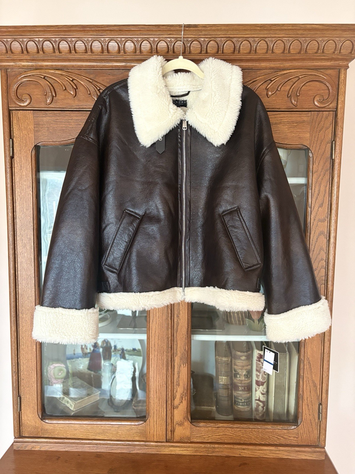 NWT LaundryByShelliSegal Sz XL Women Brown Faux Fur Leather Jacket Funnel Neck!!