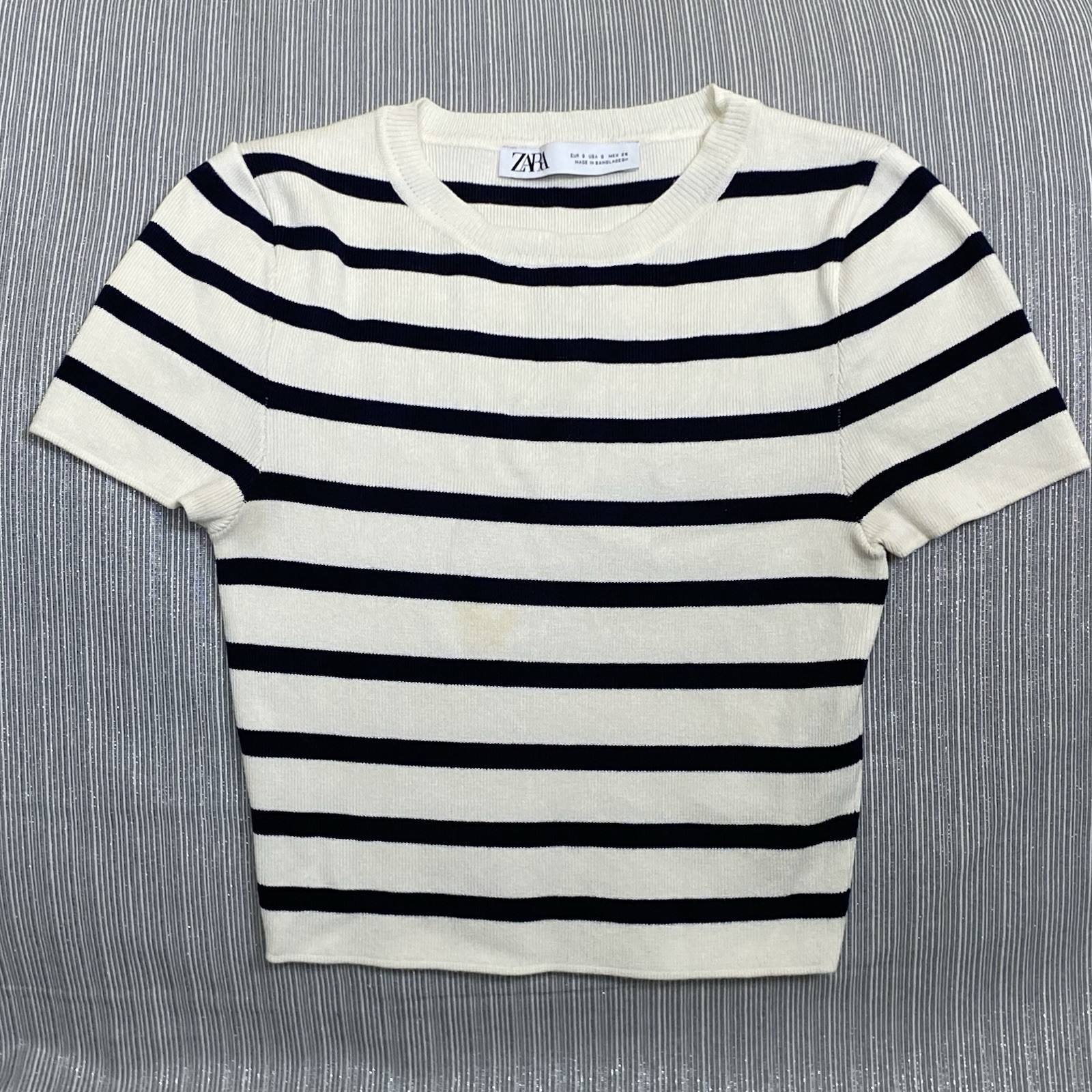 ZARA Teens Black & Ivory Striped Crop Short Sleeve Tight Knit Top Classic Size S