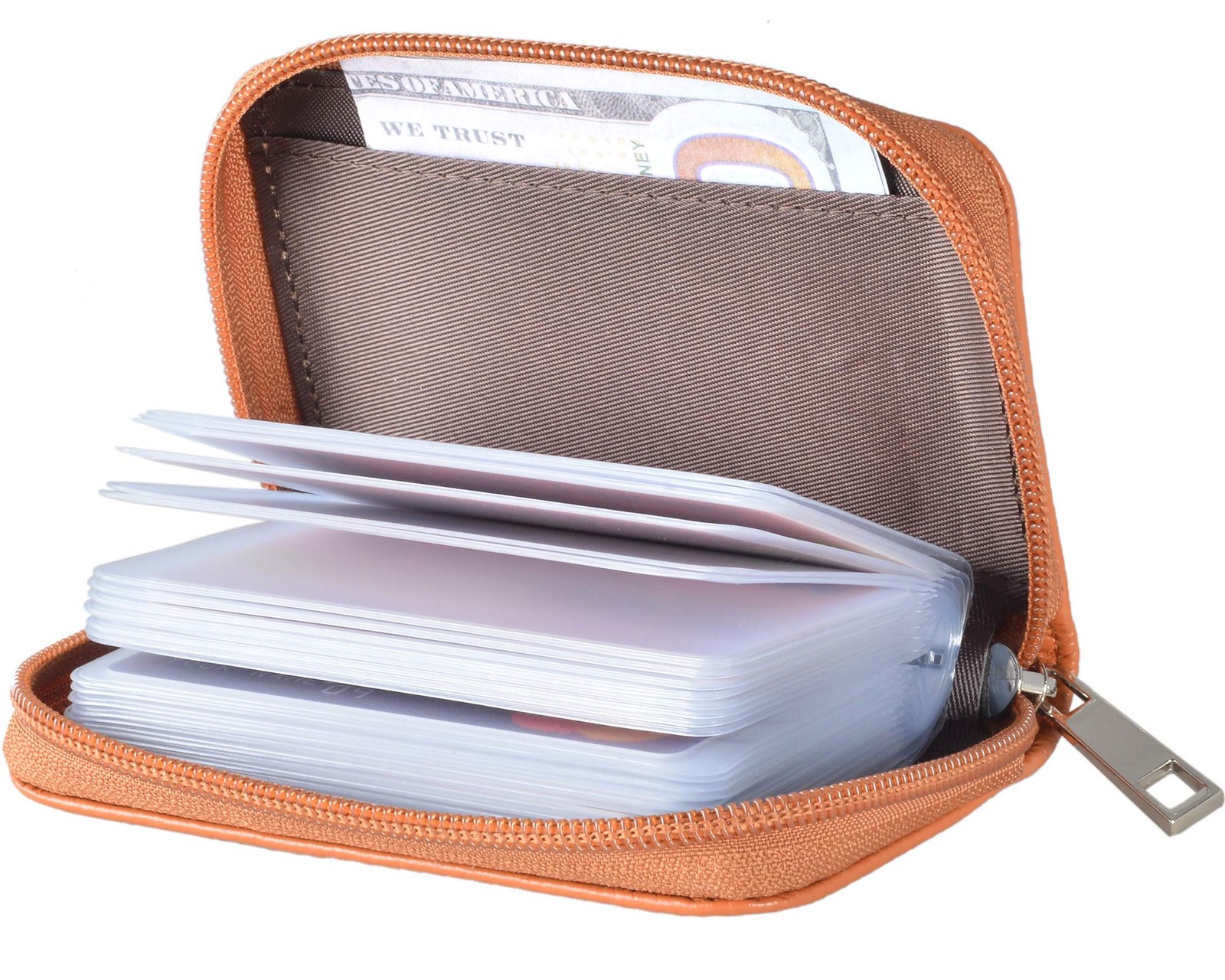 Genuine Leather Credit Card Holder Zipper Wallet With 26 Card Slots (Brown)
