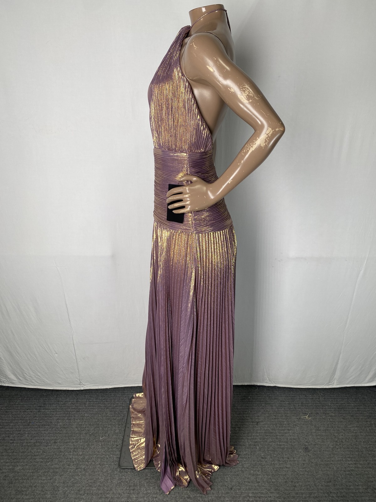 Retrofete Womens Maxi Dress Purple/Gold Size XS Thalia Halter Neck Pleated