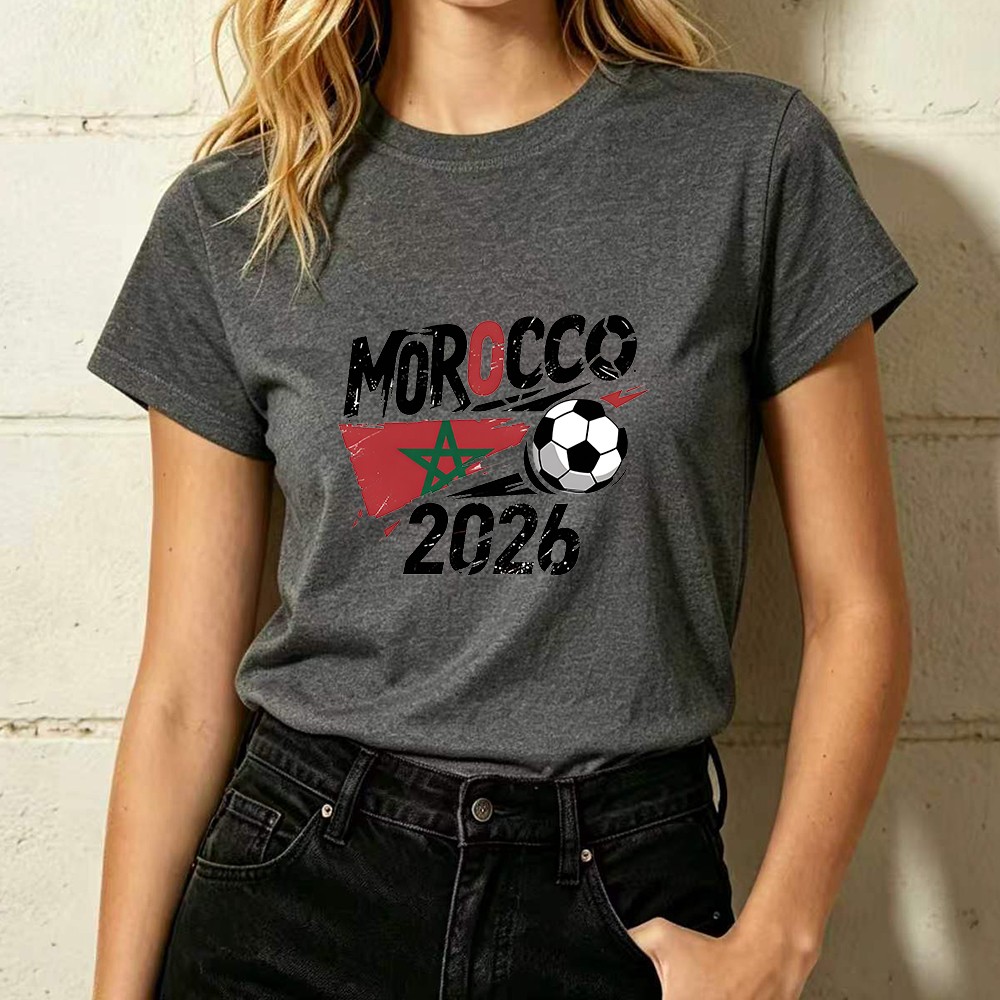 Morocco 2026 Flag Soccer Graphic Women’s Casual Sports Fan T-shirt Top