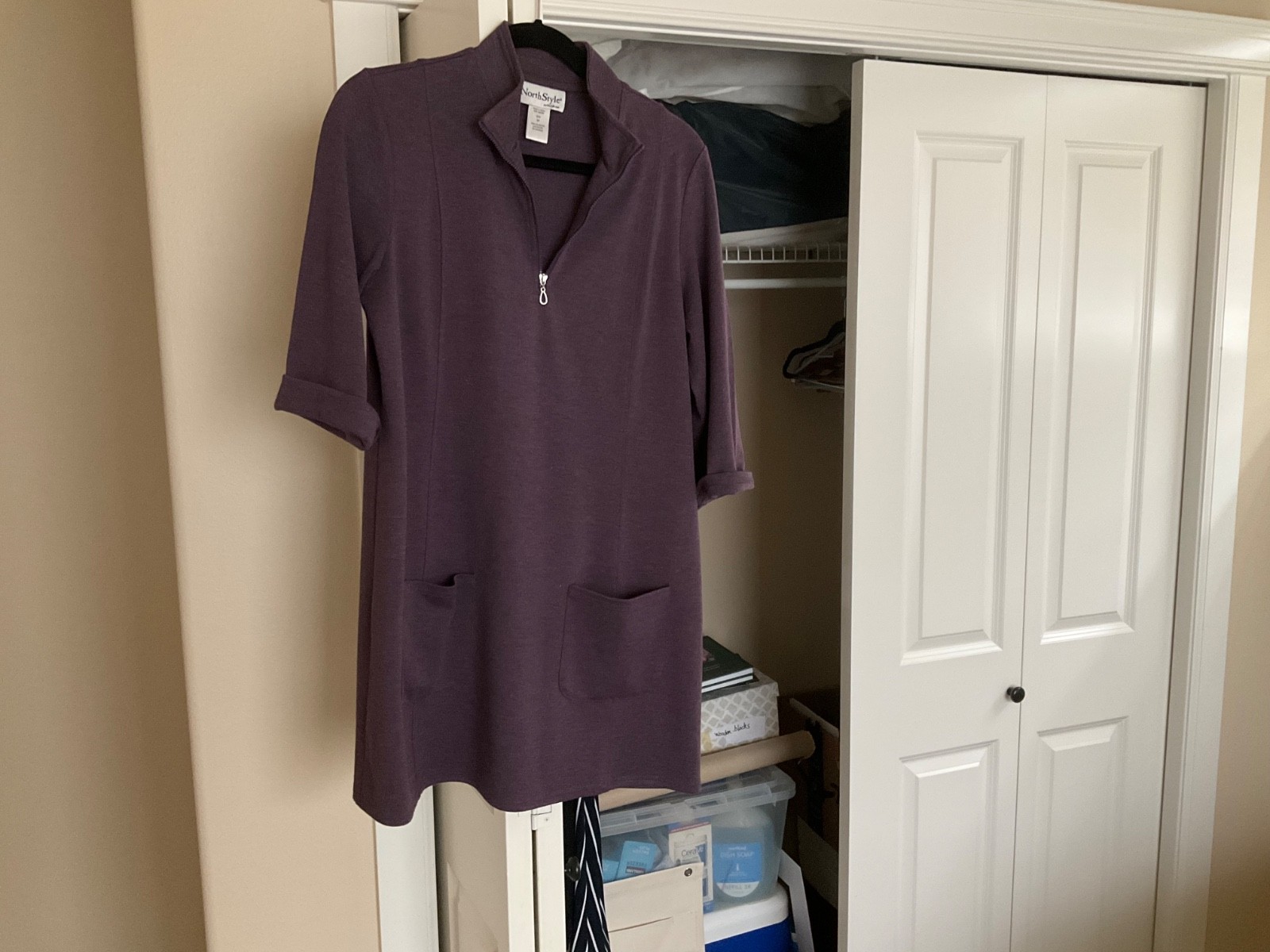 NorthStyle Ponte Knit Tunic Quarter Zip 3/4 Sleeves Princess Seams Purple Size M