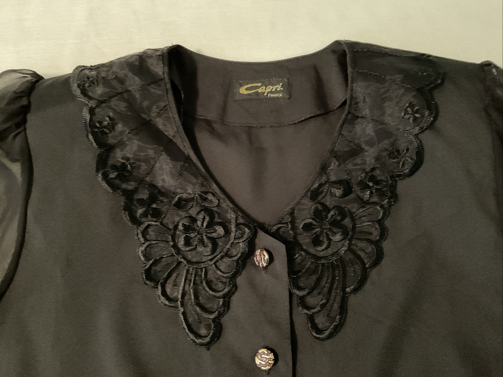 Vintage 80s Black Button Up Blouse Sheer Long Sleeve Size L Capri France