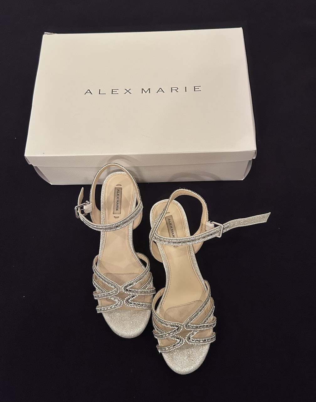 Alex Marie Women’s Silver Leather Rhinestone Ankle Strap Wedge Sandals 6.5M