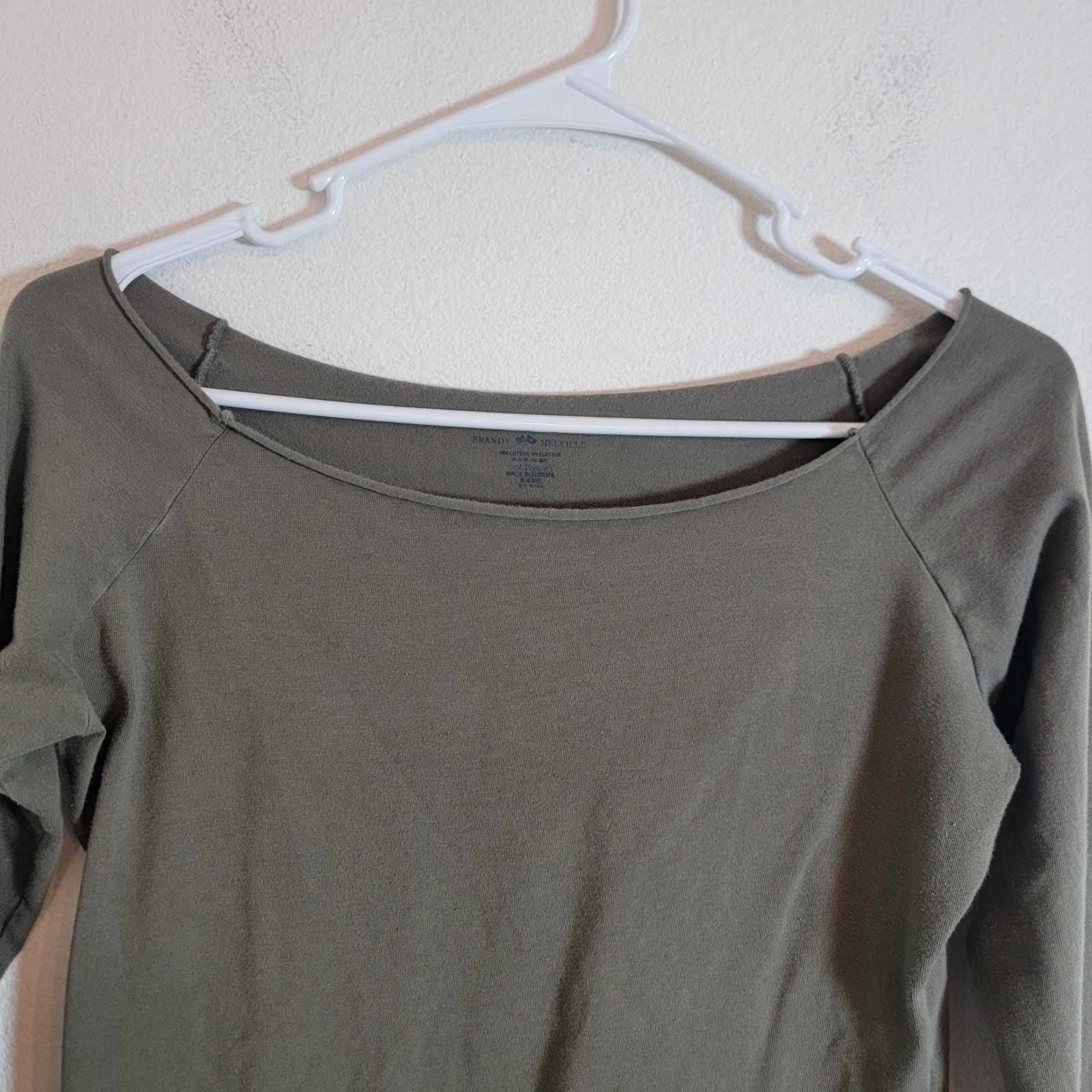 Brandy Melville Olive Green Long Sleeve Cotton Boat Neck Top OS (XS?) Casual