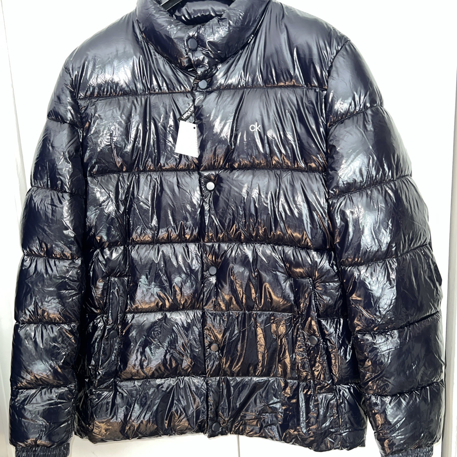 $225 NWT CALVIN KLEIN MENS SNAP FRONT PUFFER JACKET COAT NAVY SHINY LARGE