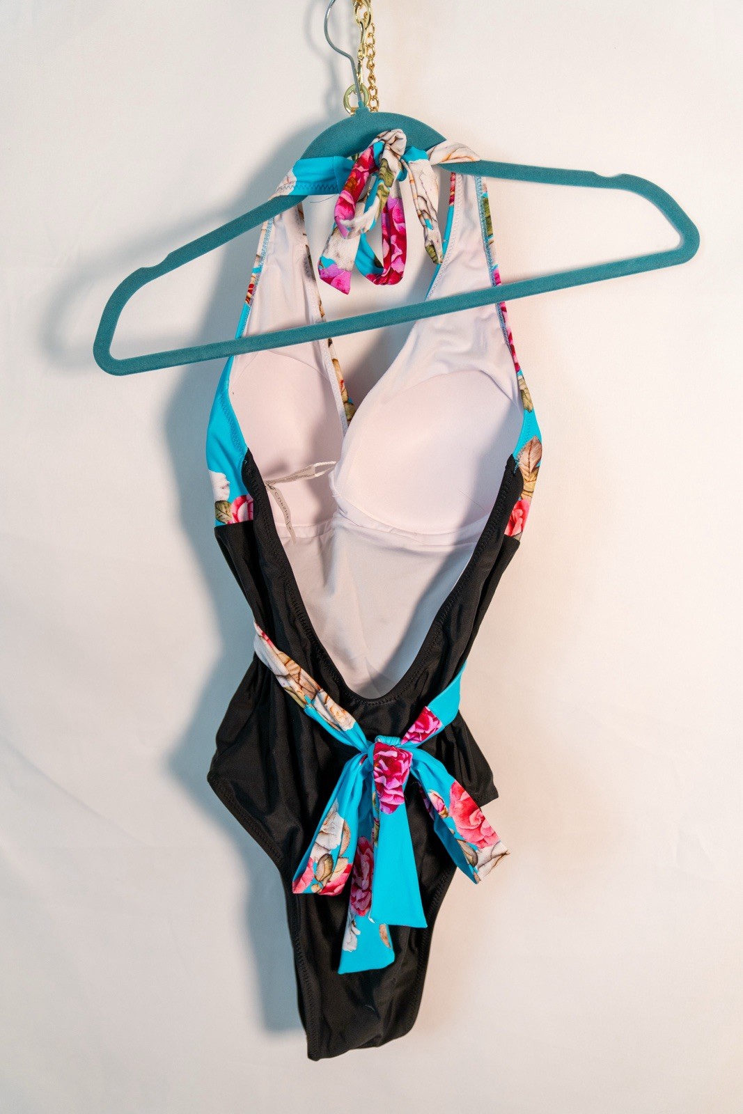 Cupshe Floral Halter One Piece Swimsuit Blue/Black Padded Tie Back Size M