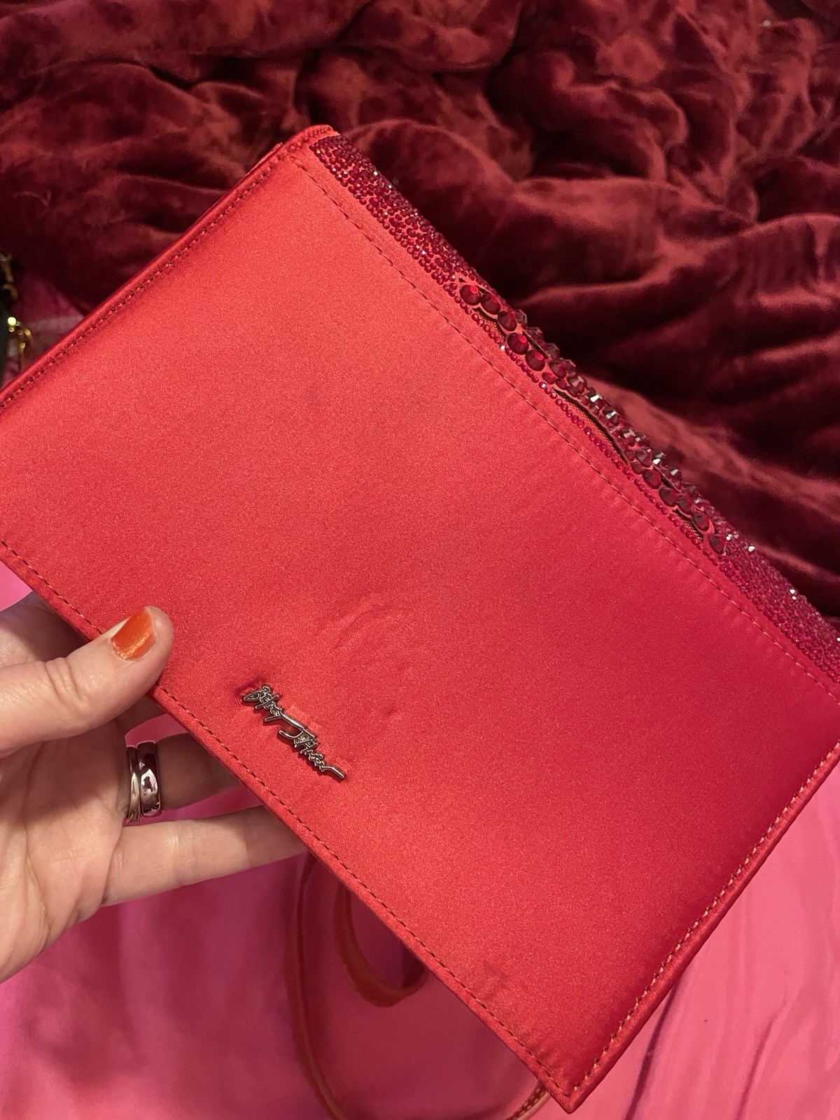 Betsey Johnson Red Satin Beaded Floral Clutch, Detachable Strap, Magnetic