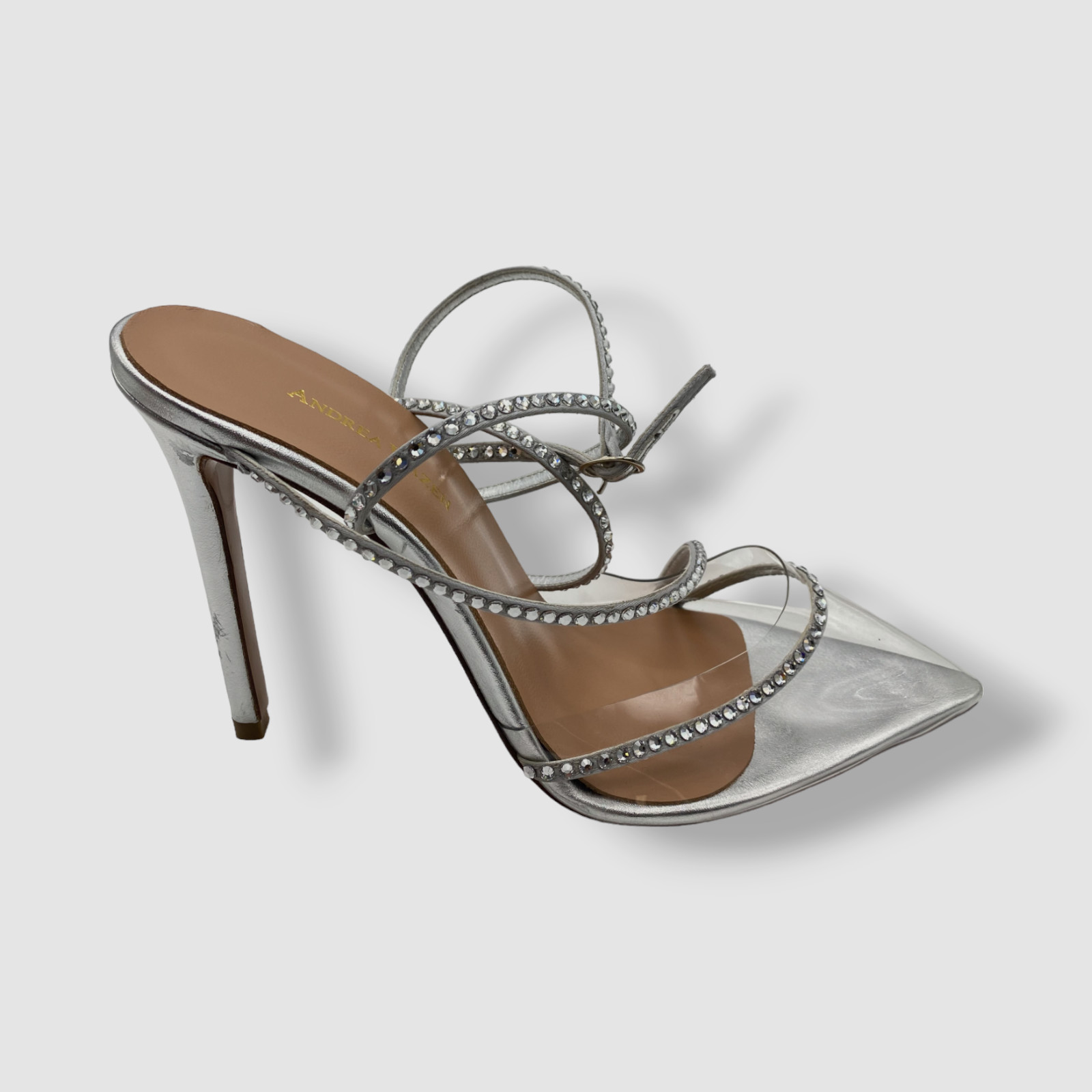 $695 Andrea Wazen Women’s Silver Dassy Sunset PVC Ankle Wrap Pump Heels Shoes 40