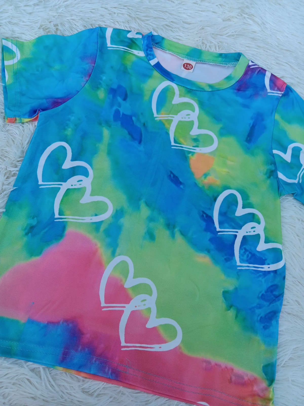 Girls Tie-Dye Heart Print Crew Neck Short Sleeve Stretch T-Shirt Size 130