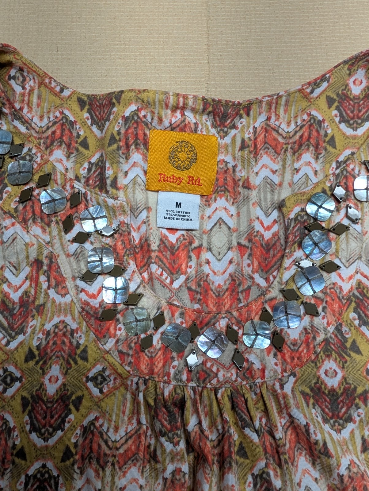 Ruby Rd Women’s T Shirt Size M Multi Color Orange Mustard Shell Neckline Boho