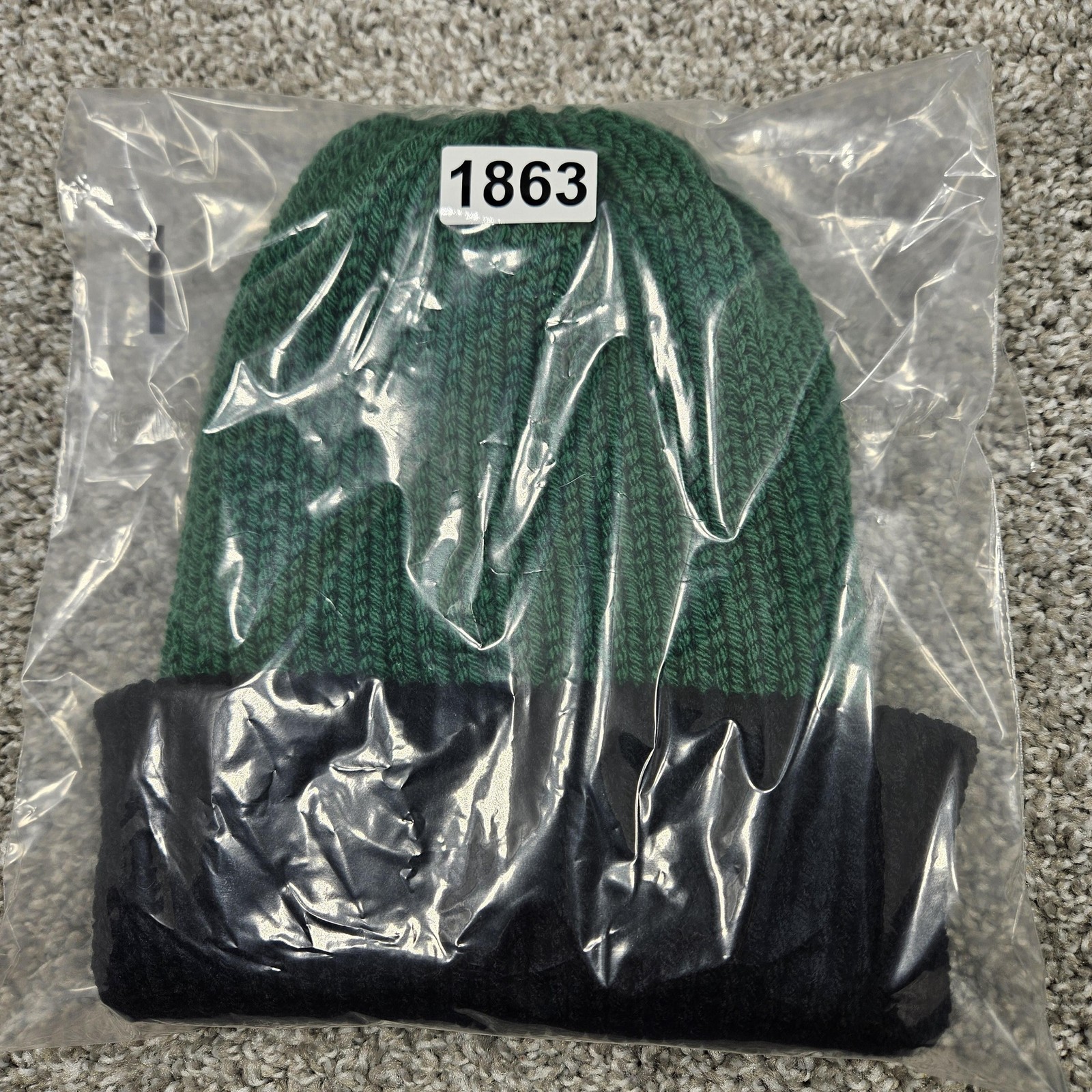 Handmade Knit Beanie Toque Hat Size M Green Black Cuffed Reversible Winter Warm