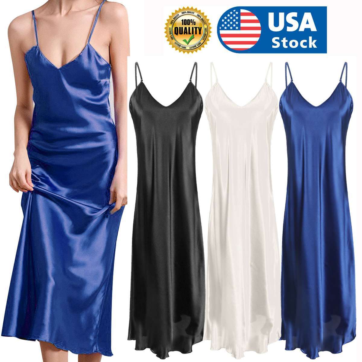 Women’s Satin Silk Robe Dress Sleepwear Lingerie Long Nightdress Nightgown