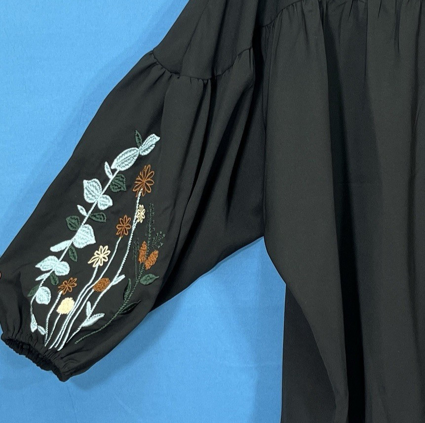 SHEIN CURVE Black THIN Poly Twill FLORAL EMBROIDERED Balloon Sleeve TOP Sz 2XL
