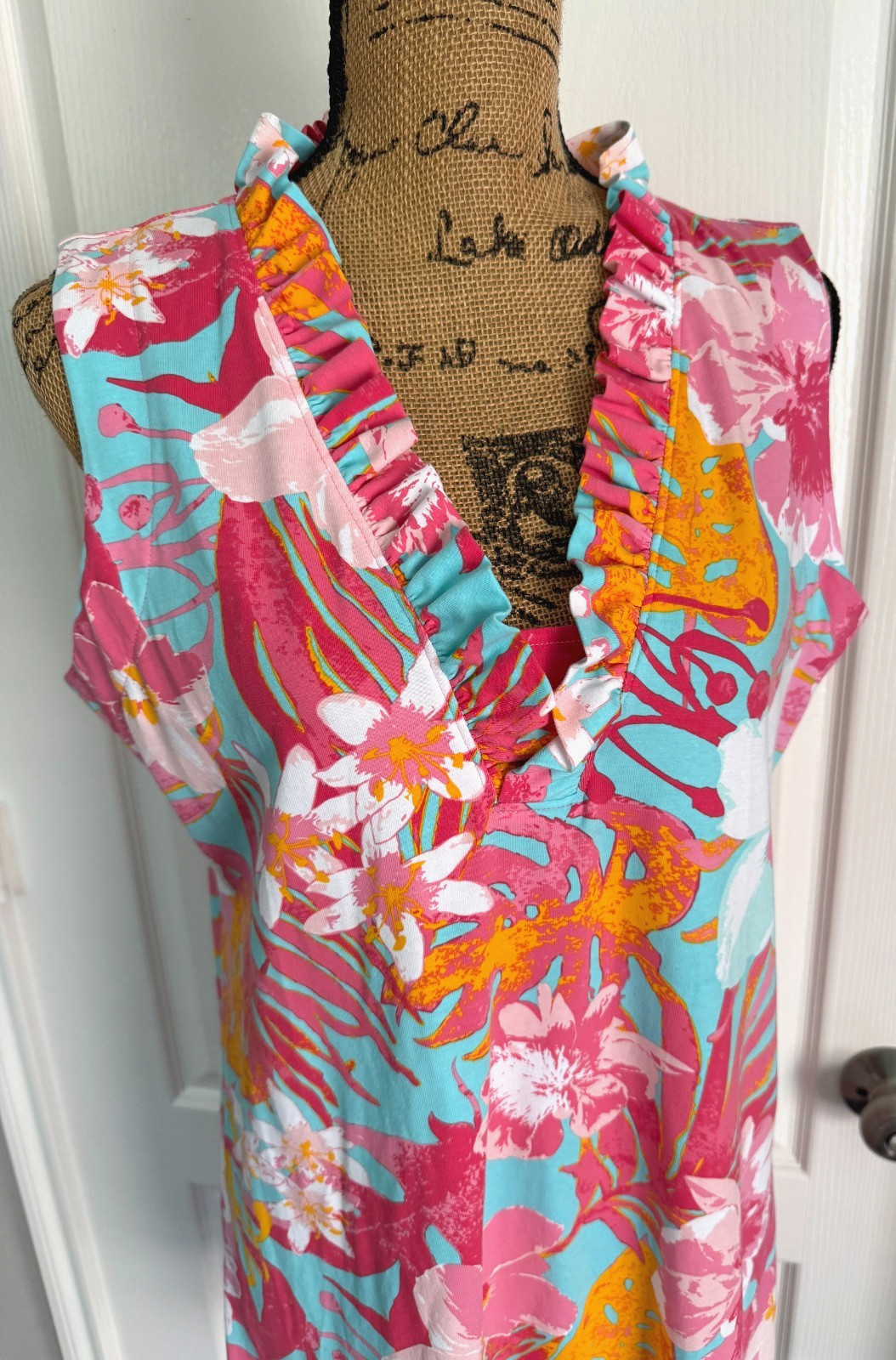 Ana Clare Dress Sleeveless Ruffle V-Neck Pink Floral Hawaiian Cotton Stretch XL