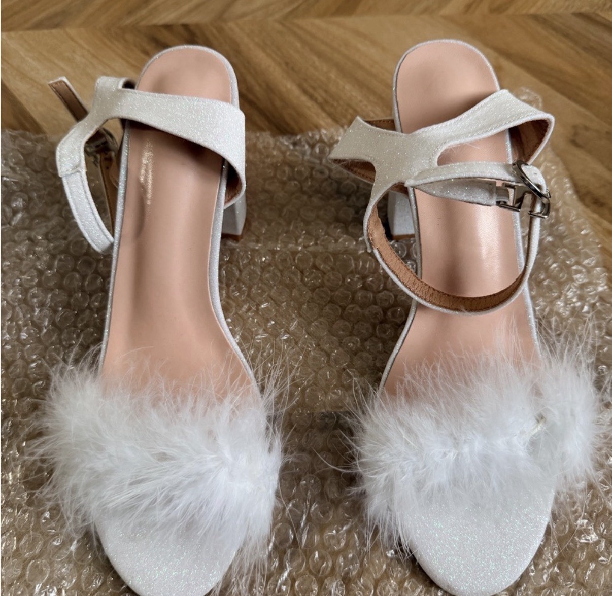 White Fur Trim Strappy Ankle Strap Block Heel Women’s Sandals Synthetic