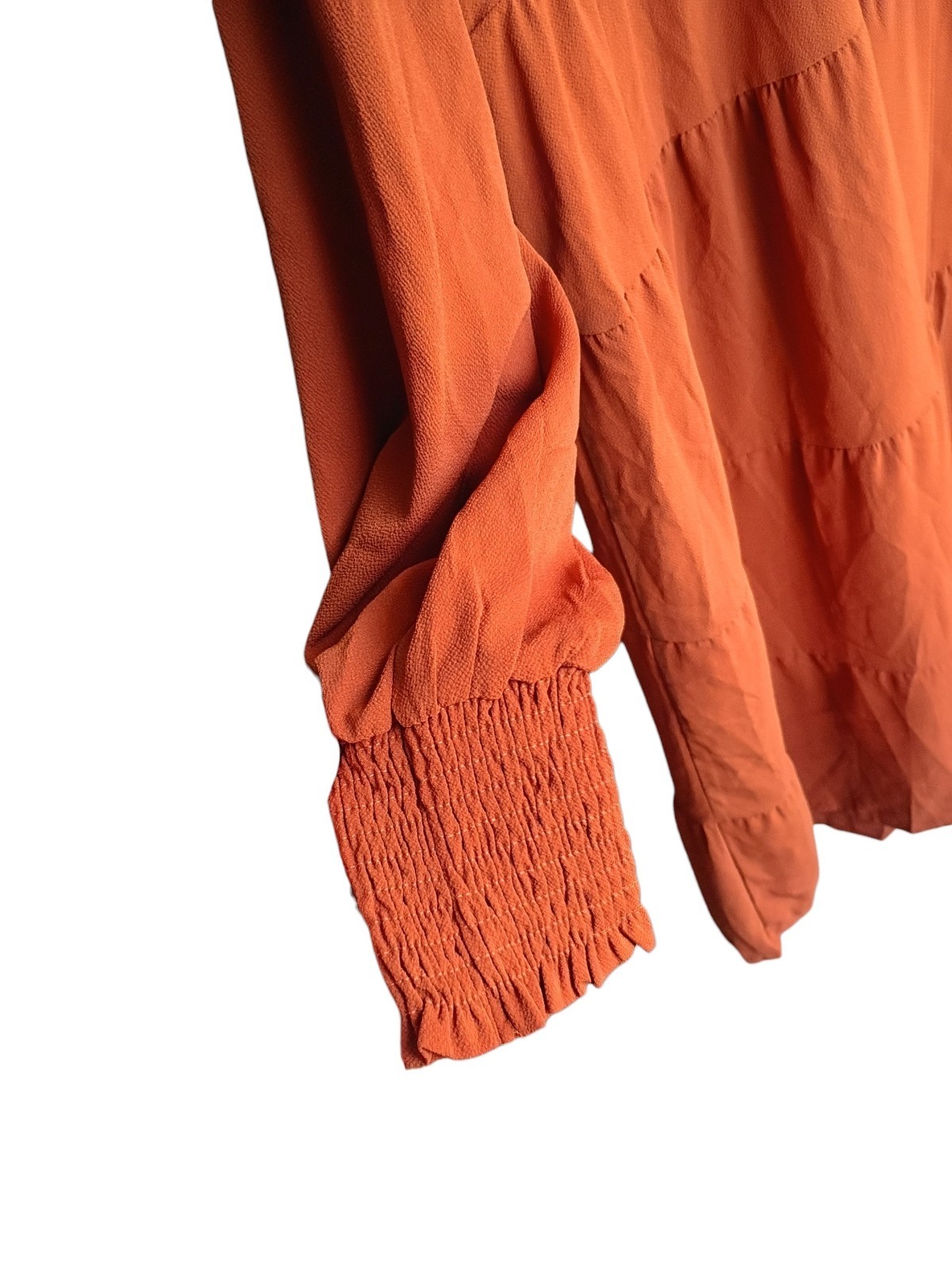 Umgee Orange Smocked Ruffle Collared Midi A-Line Dress Long Sleeve S