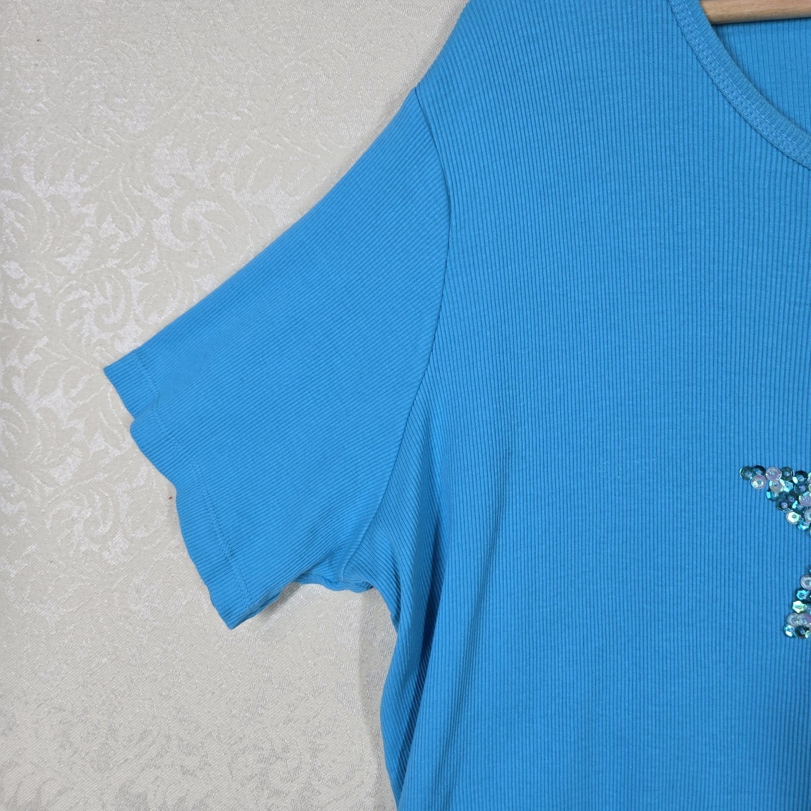 Quacker Factory Sequin Star Top sz 1X Turquoise Teal 100% Ribbed Cotton Stretch