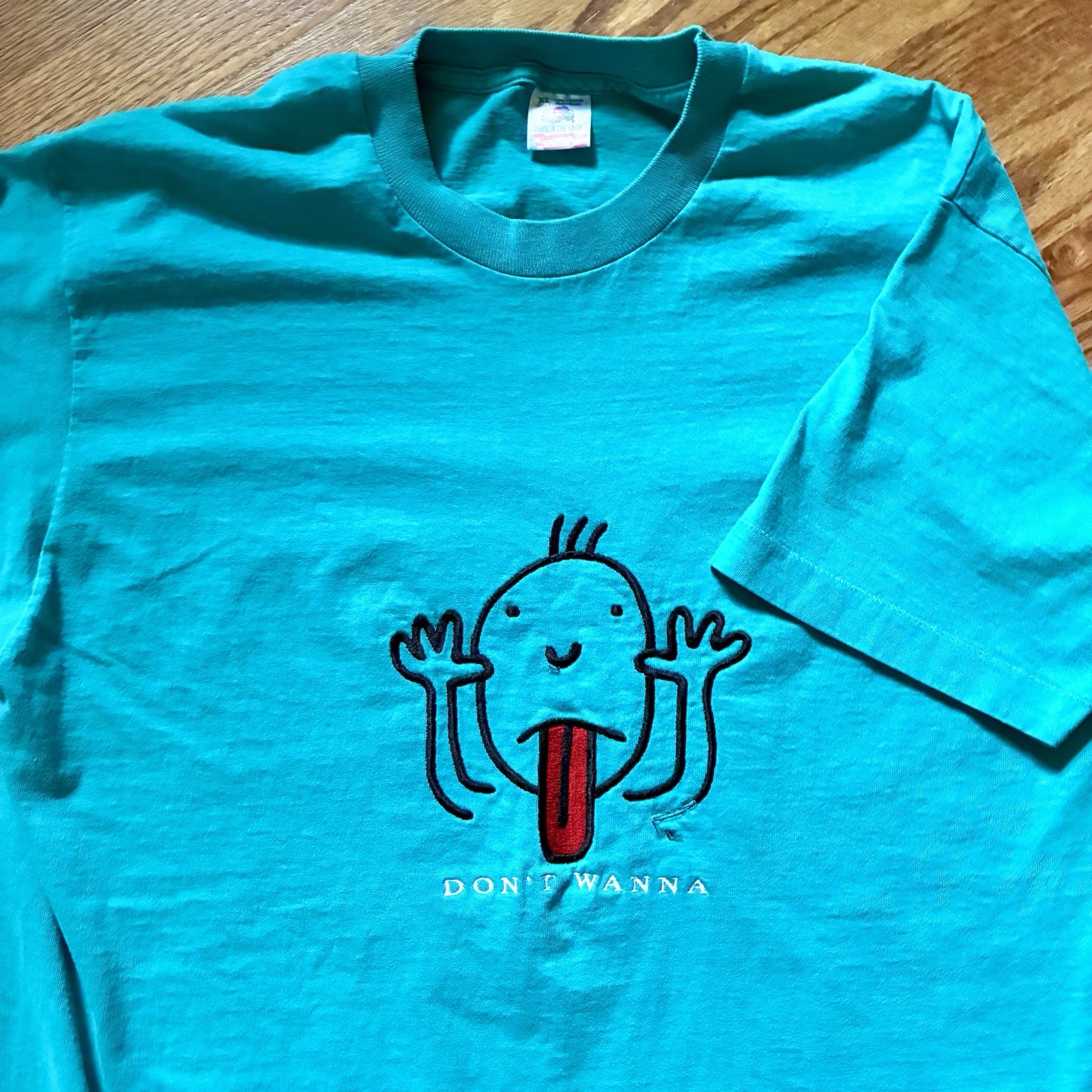 VINTAGE 90s Don’t Wanna Embroidered Teal Blue Single-Stitch T-shirt Size XL