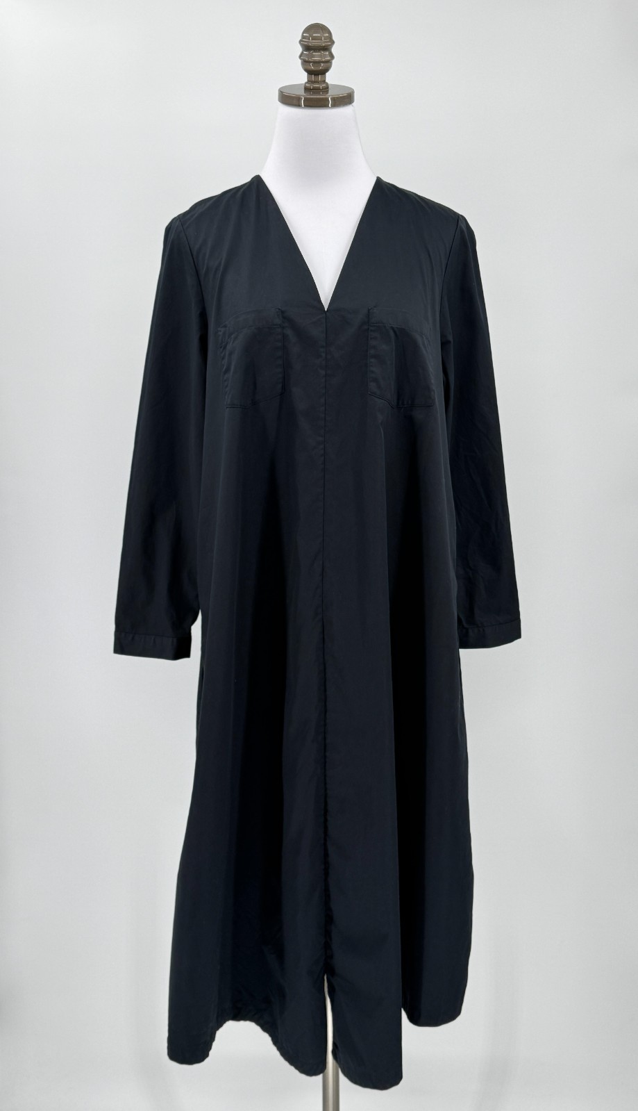 COS Black Cotton Rounded V Neck Long Sleeve Midi Tunic Dress Sz US 8