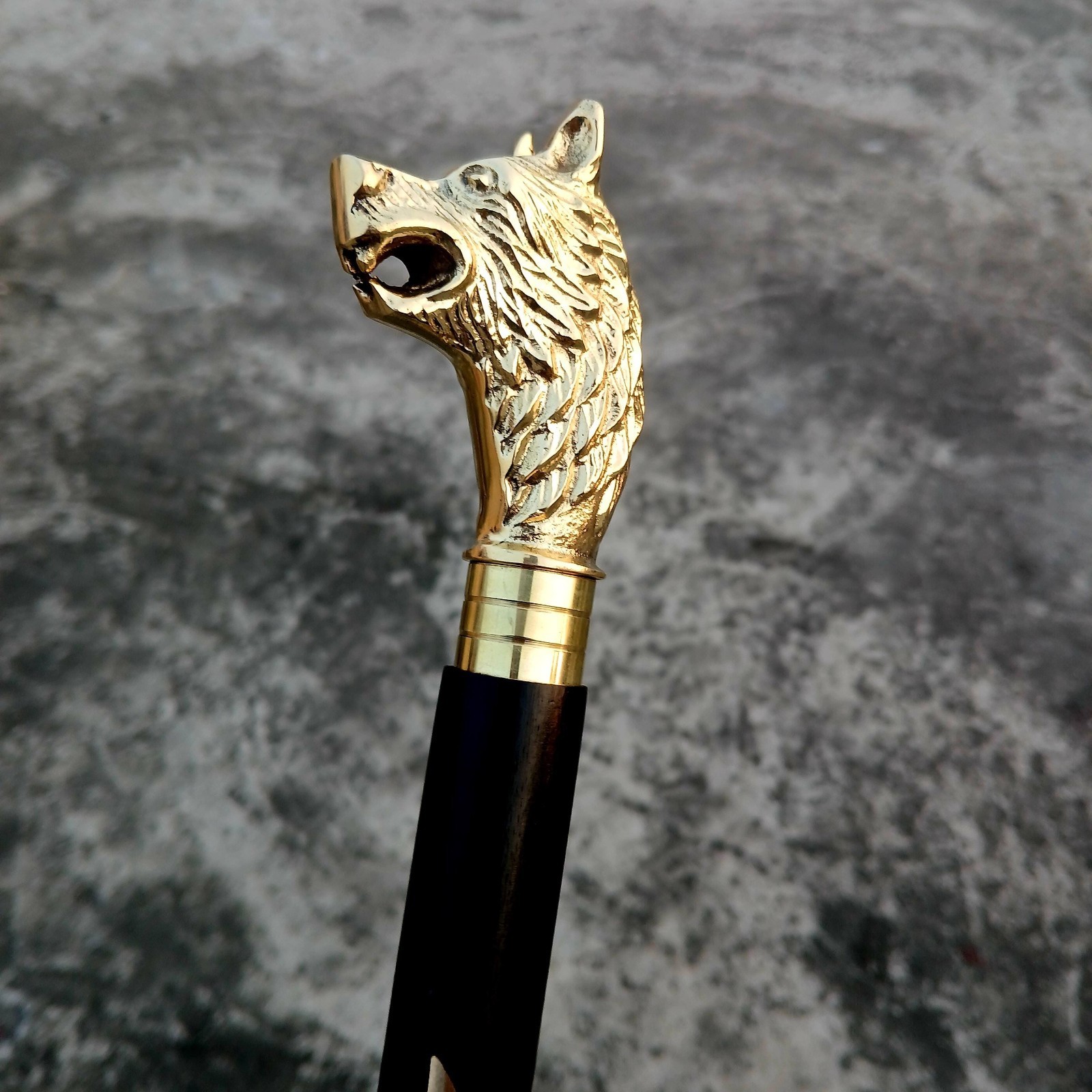 Brass Wolf Head Walking Cane: Gothic Medieval Style, Wooden Shaft