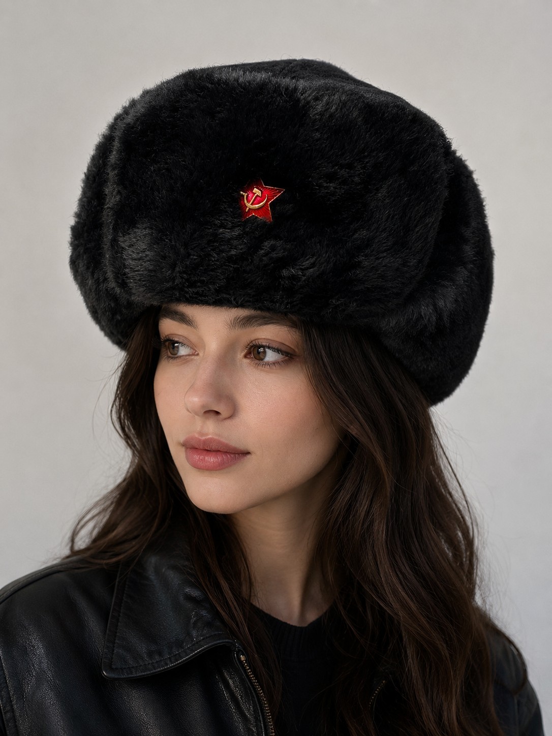 Vintage Russian Winter Cap Ushanka Fur Trapper Hat Red Star Size 56 USA 7 Medium
