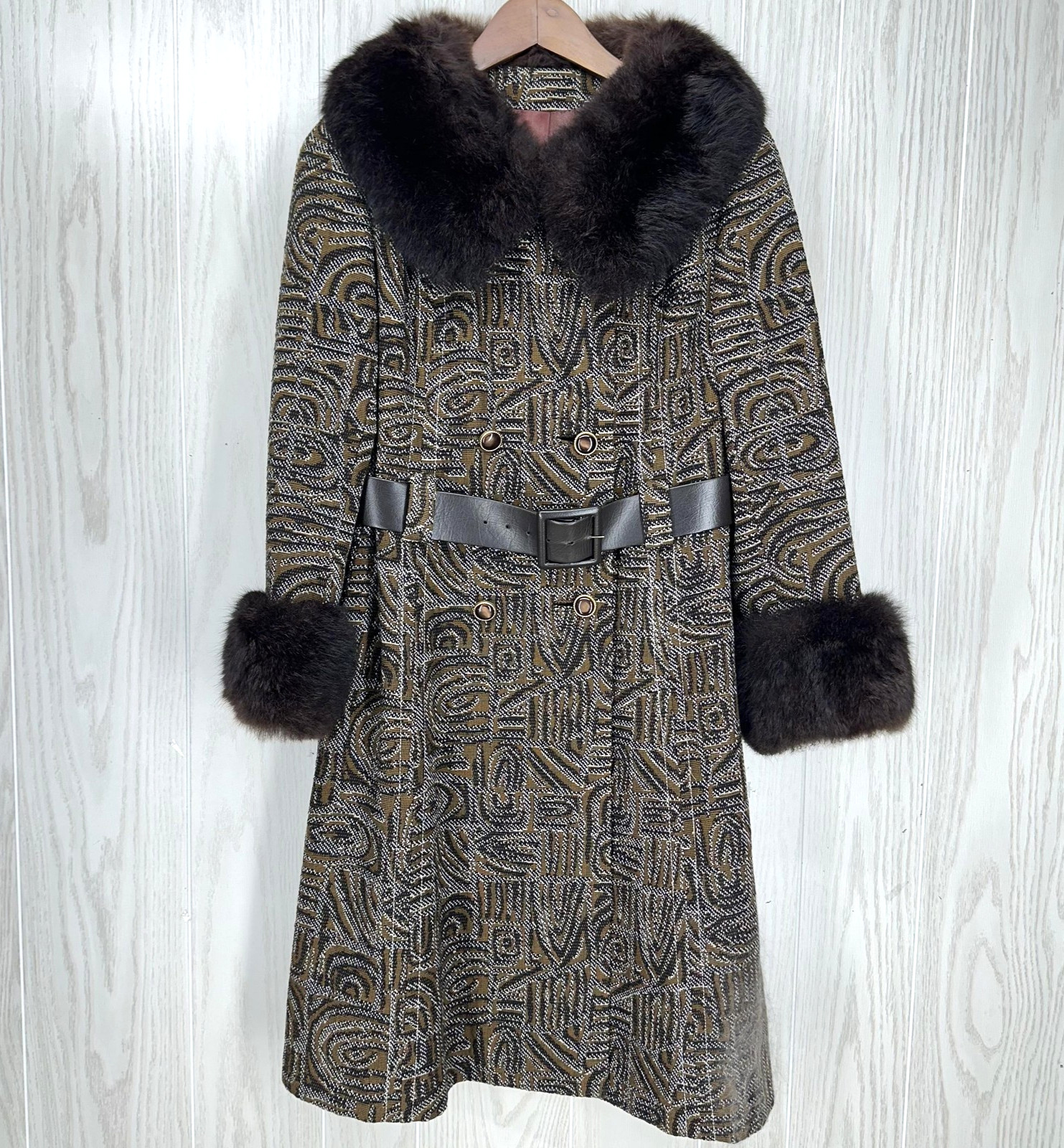 Vintage Midbrooke Womens Coat Small/Medium Brown Geometric Wool Fur Trim Belted