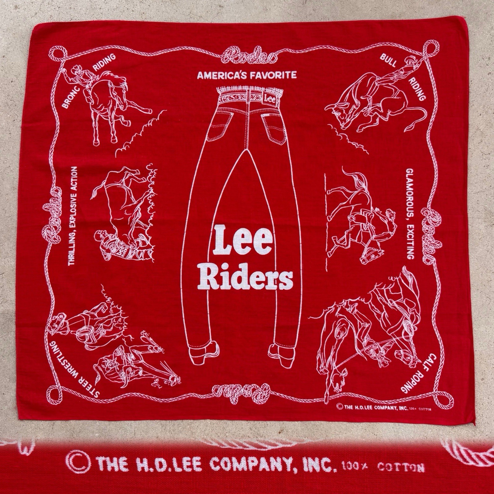1950s Vtg Red 23 X 21 HD Lee Riders Rodeo 100% Cotton BANDANA Cowboy Western USA