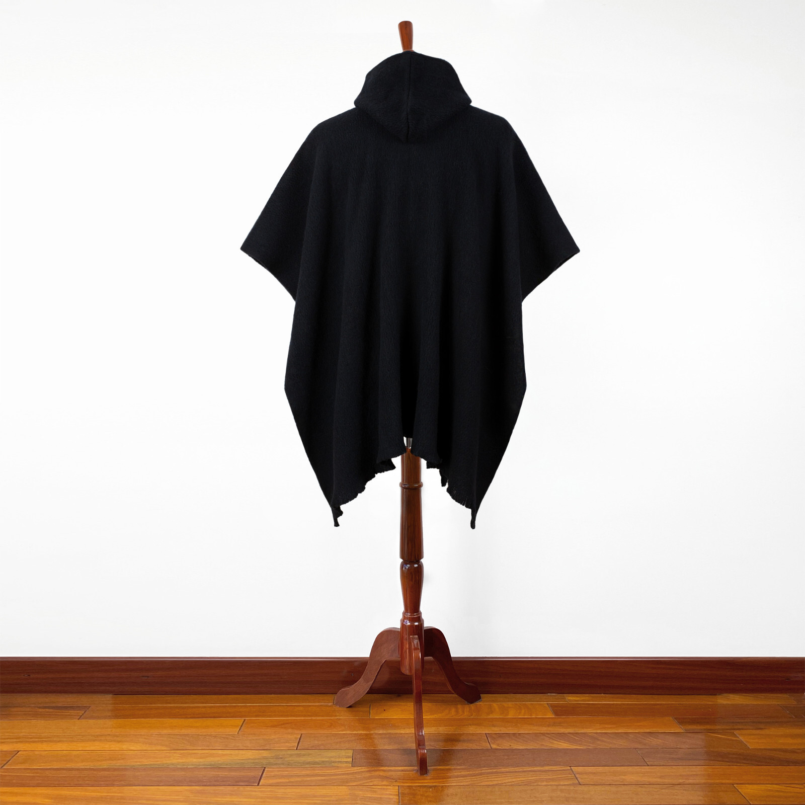 LLAMA WOOL MENS WOMANS UNISEX HOODED PONCHO ETHNIC TRIBAL BOHO SOLID BLACK S-XL