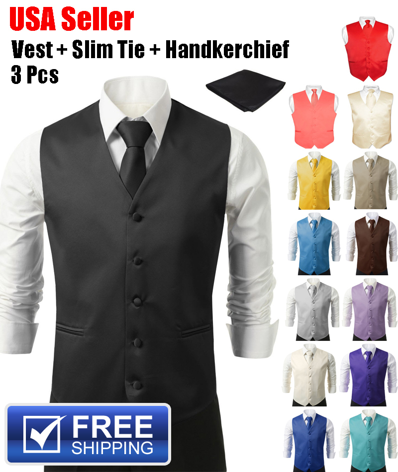 SET Vest Tie Hankie Fashion Men’s Formal Dress Suit Slim Tuxedo Waistcoat Coat
