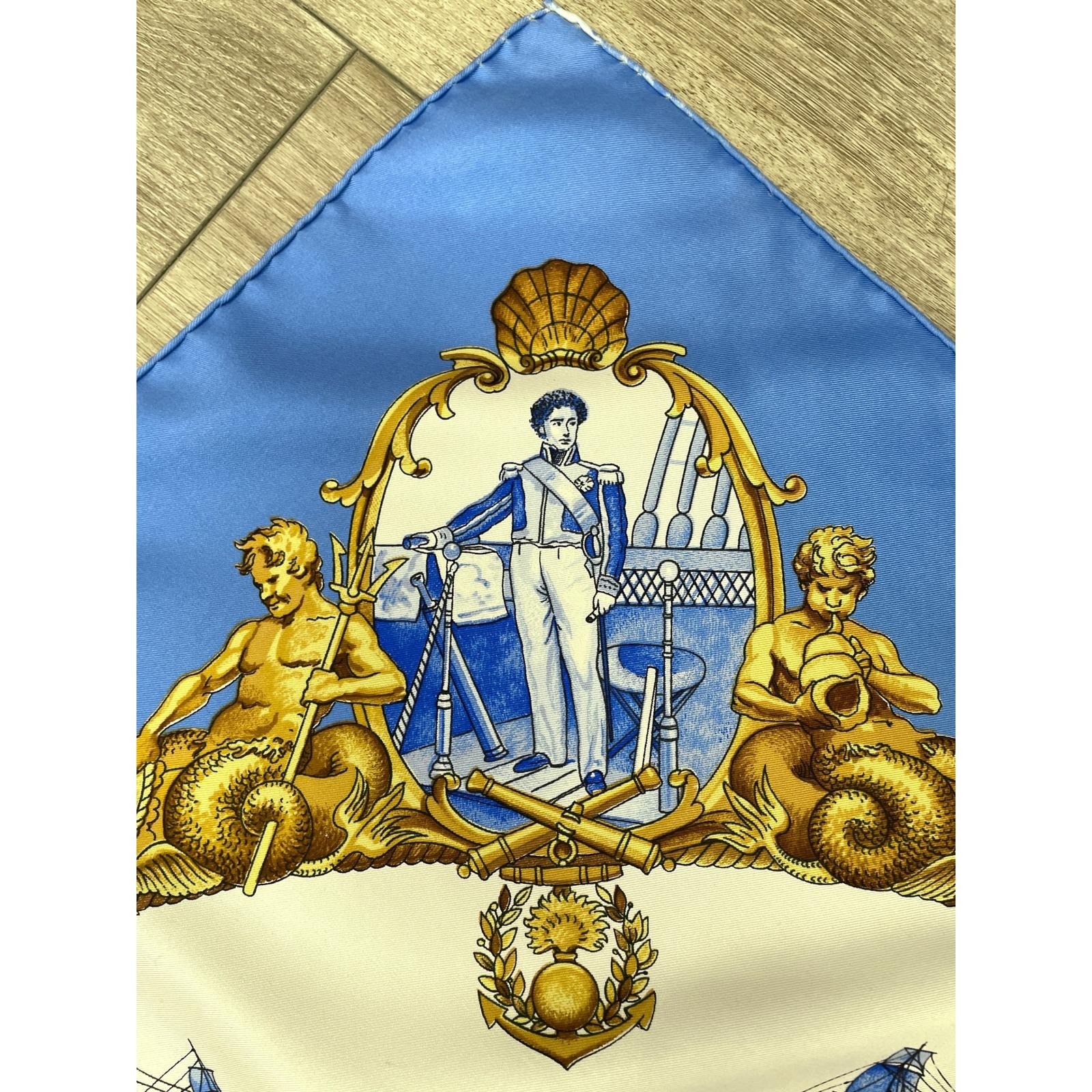 Hermes Silhovettes Navales Silk Scarf Blue Philippe Ledoux Nautical 35in Square