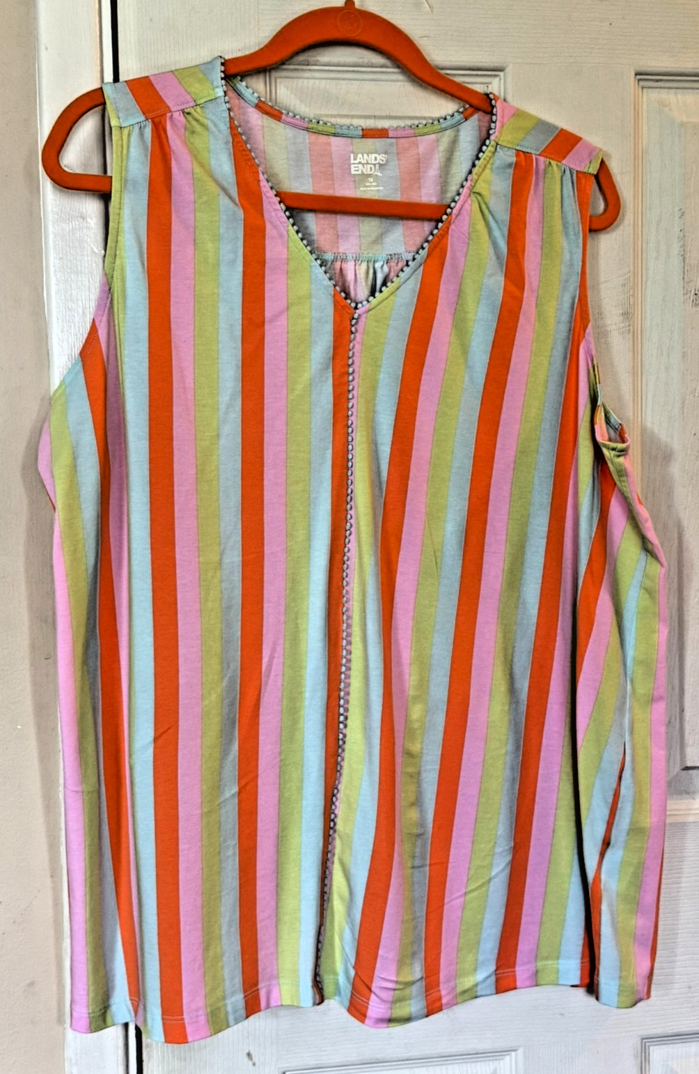 Lands End Womens Multicolor PomPom Trimmed V-neck Sleeveless Top Sz 1X (16W-18W)