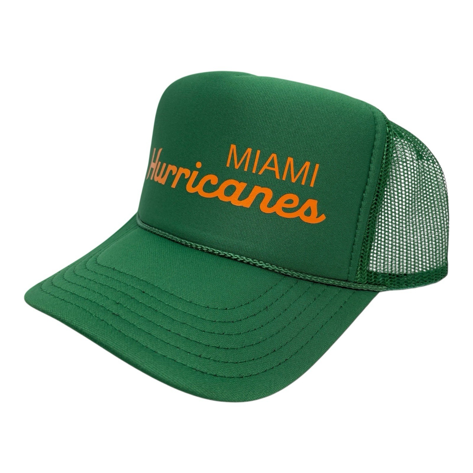 NEW MIAMI HURRICANES SPORTS SCRIPT GREEN HAT 5 PANEL HIGH CROWN TRUCKER MIA UM