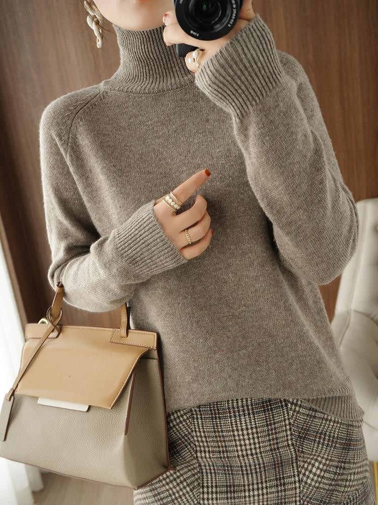 Women Merino Wool Sweater Mock Neck Cashmere Knit Winter Soft Top