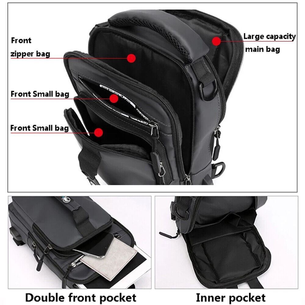 Anti-Theft Men’s Sling Crossbody Bag Chest Shoulder Messenger Backpack USB Port