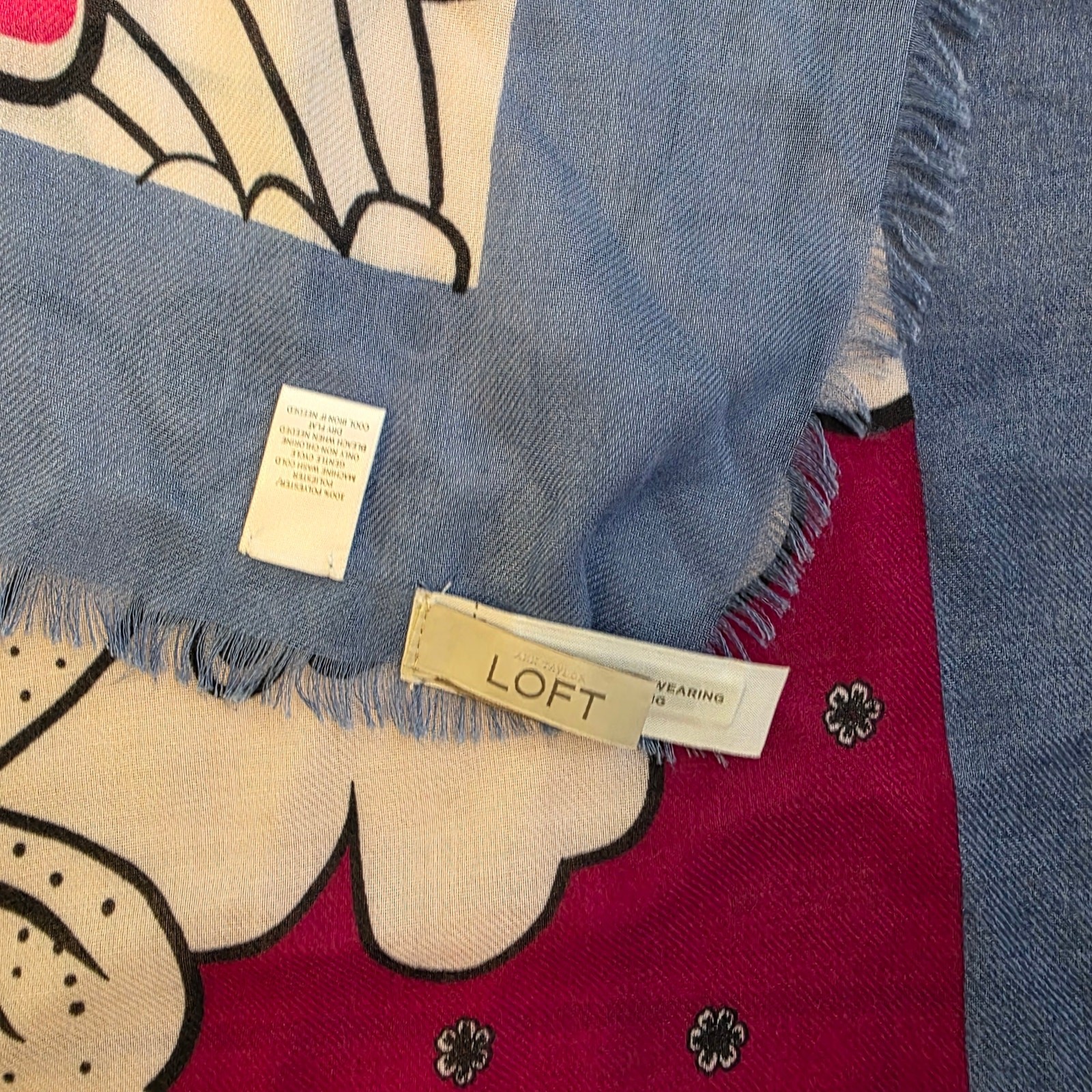 NWT LOFT Floral Fringe Scarf Shawl Wrap Pink Blue White Lightweight Boho Chic