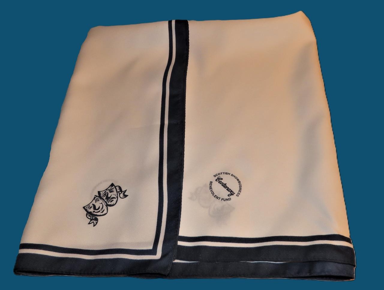 Scottish Showbusiness square scarf; dark navy, white; 27×27 inches, polyester