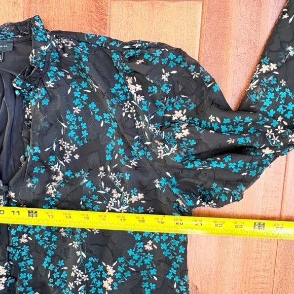 Tamara H. Floral Blouse Ruffle Neck Long Sleeve, Women L Black Teal