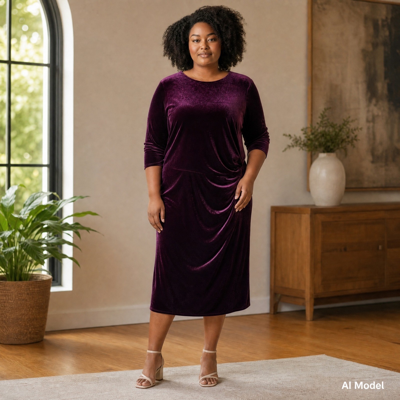 Eliza J Velvet Sheath Dress Women 18 Plum Purple Draped 3/4 Sleeve EJ7-3600