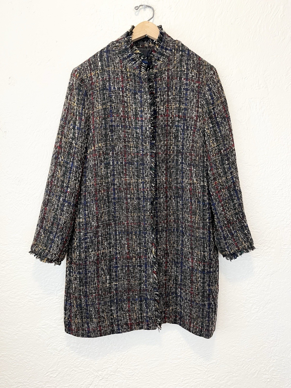 J. McLaughlin Jacket Coat Black Blue Tweed Fringe Large L