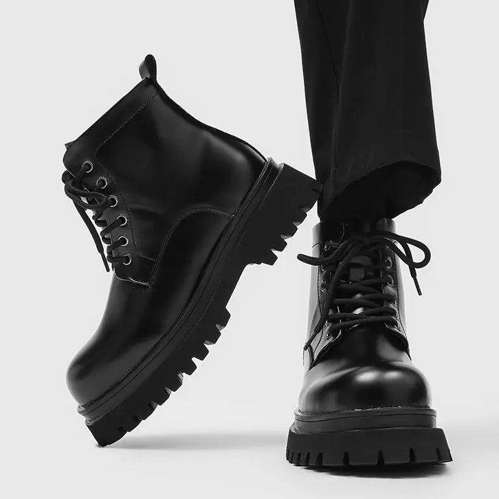 Motorcycle Men’s Platform Thick Sole Ankle Boots Lace Up Shoes Biker Oversize