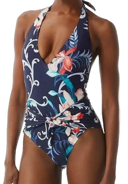 Carmen Marc Valvo Tivoli Garden V-Neck Halter One Piece Swimsuit -size 8 – Navy